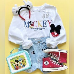 Disney White Cotton Blend Mickey Mouse Crewneck Pullover Sweatshirt Medium